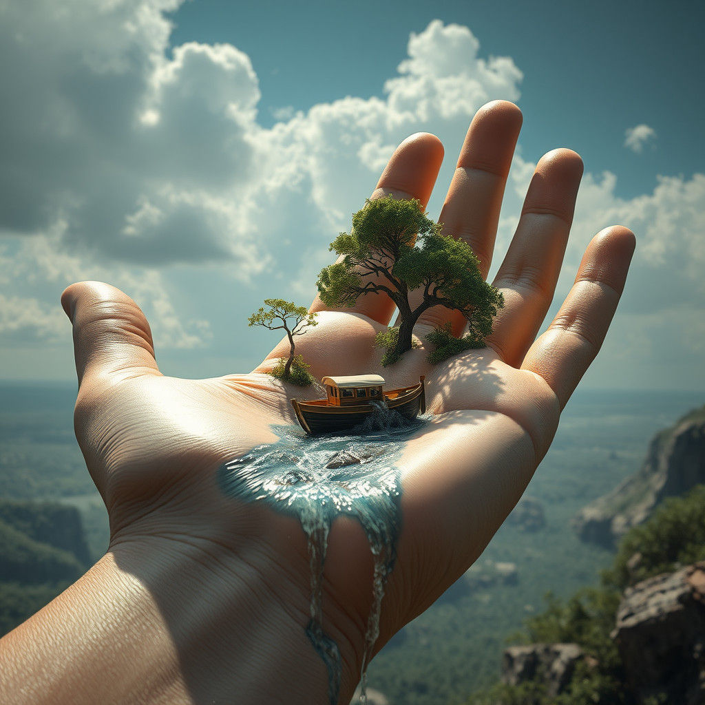 Surreal Dreamscape: Miniature World on Giant Hand