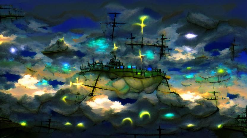 Dark Age Ship Exploring Luminous Green Waves