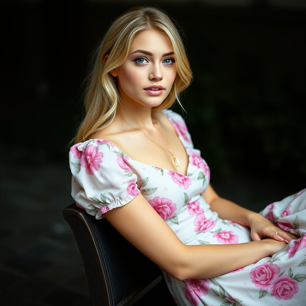 Beautiful Blonde Woman in Floral Dress
