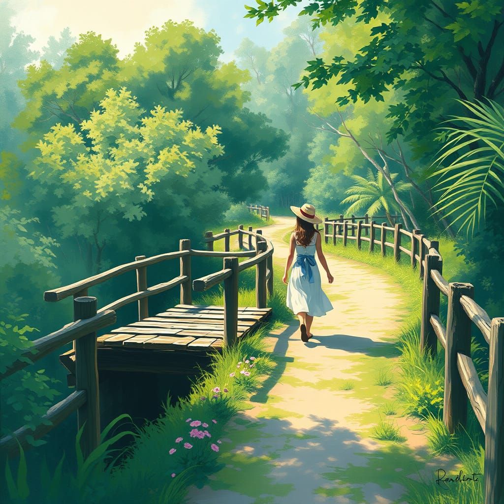 Woman Crossing a Lush Bridge in Impressionist Style
