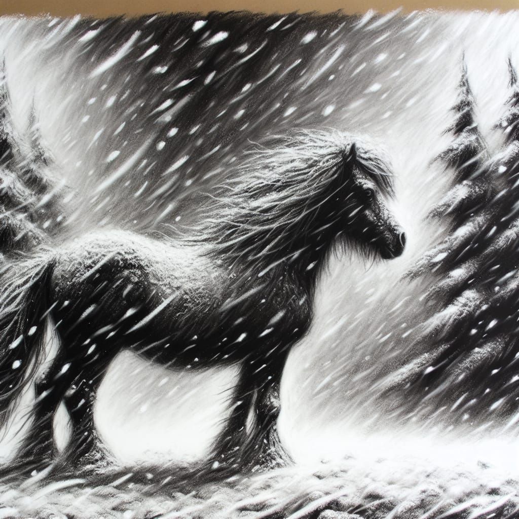 Pony in a heavy snowstorm.