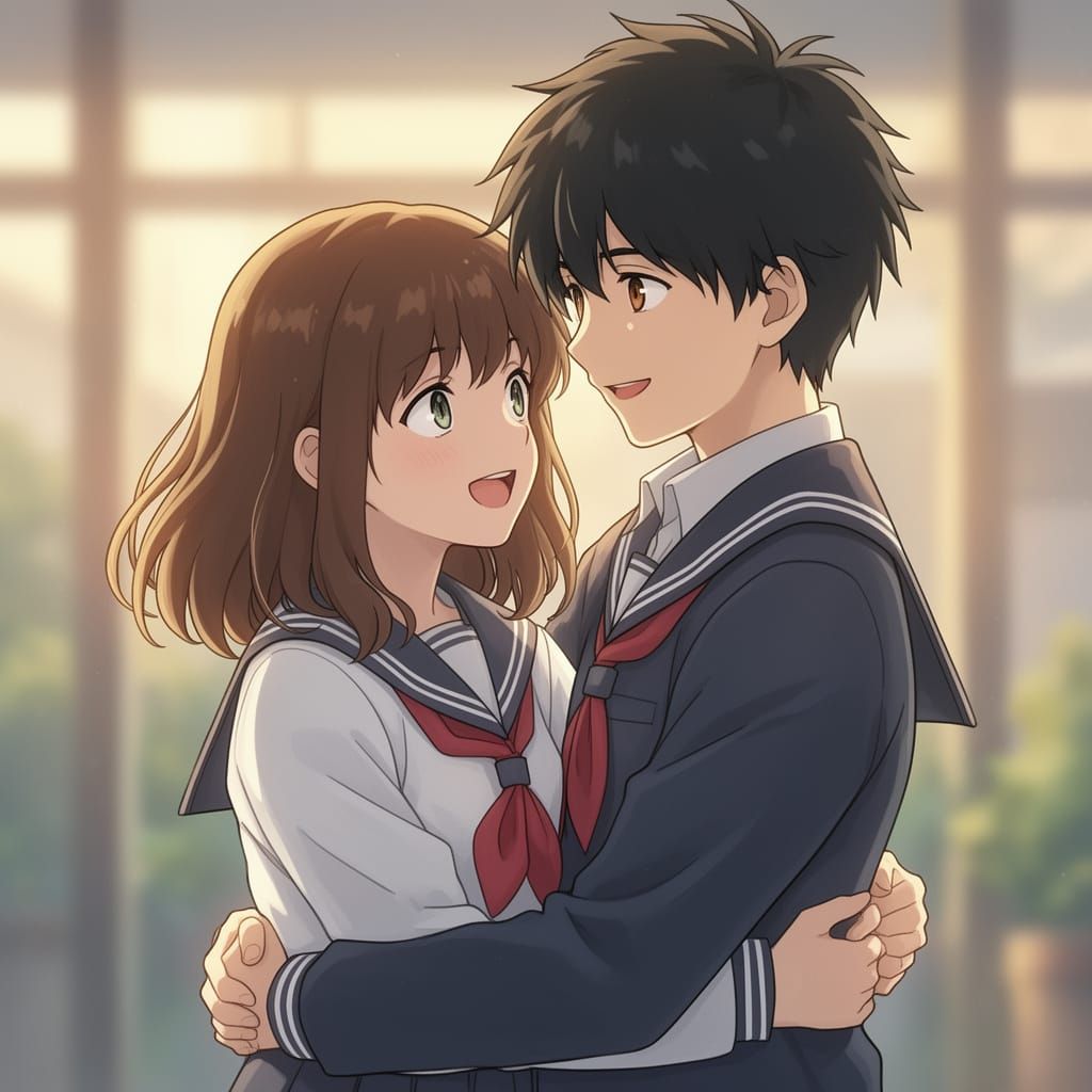 Anime Couple in School Uniforms Embrace Happily
