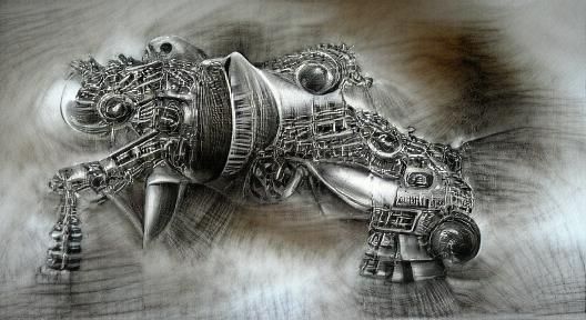 Steampunk Spaceship Wreckage: Hyperdetailed Charcoal Drawing