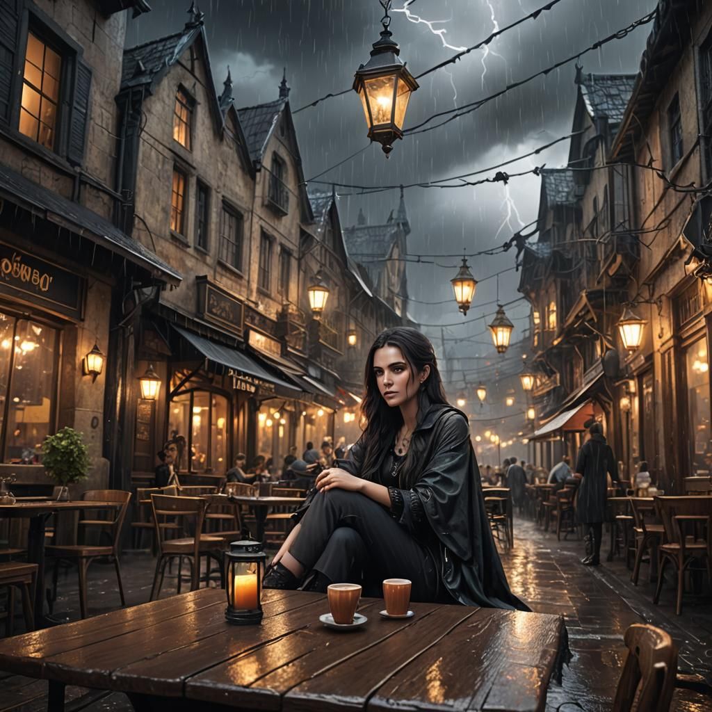 Girl in Gothic Town Cafe: Fantasy Concept Art
