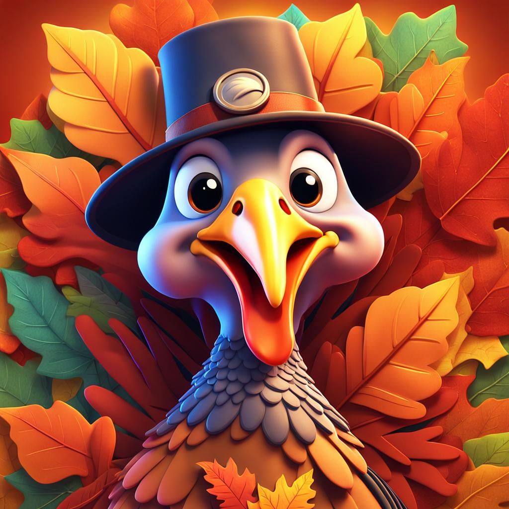 Smiling Turkey in Pilgrim Hat: 3D Cartoon Art