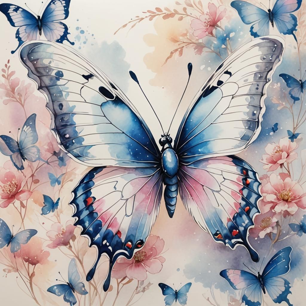 Anime Watercolor Butterfly with Iridescent Wings