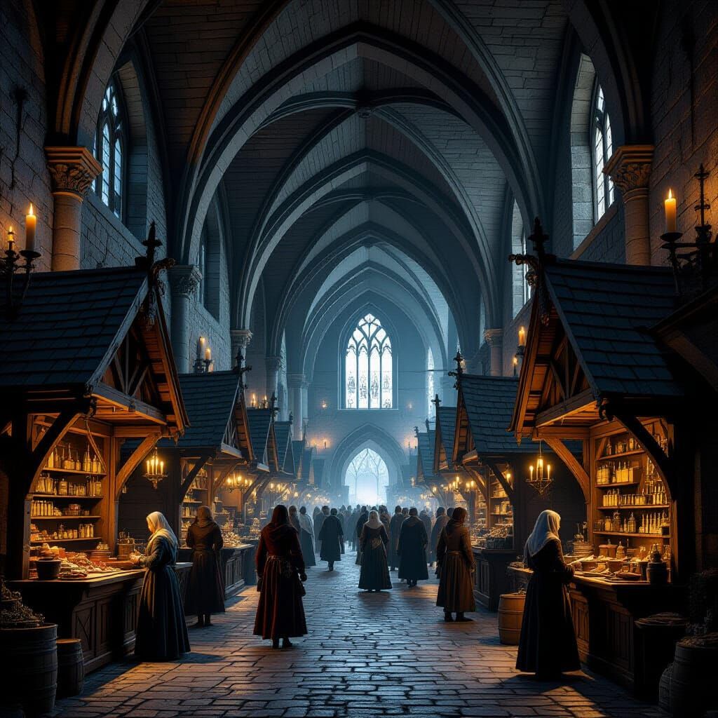 Gothic Medieval Marketplace with Candlelight
