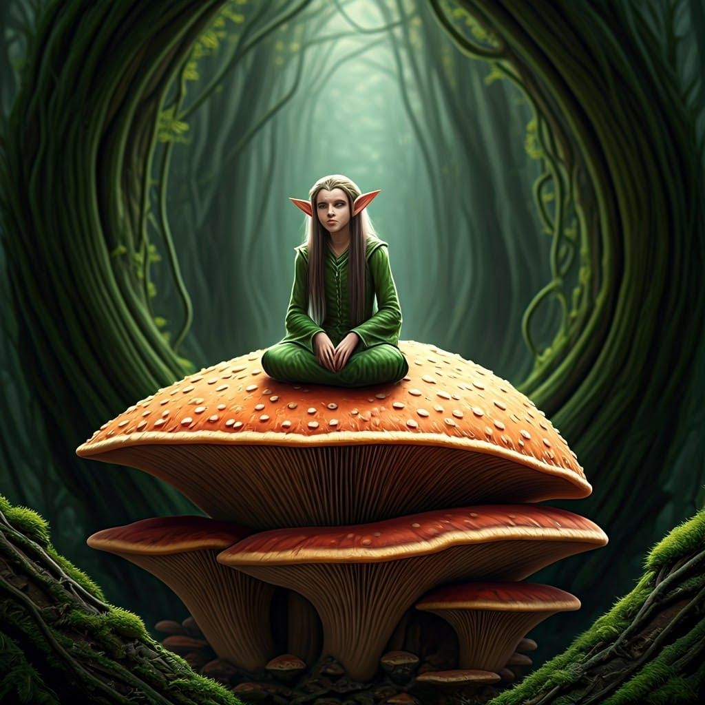 Elf Lost in Thought on a Giant Mushroom