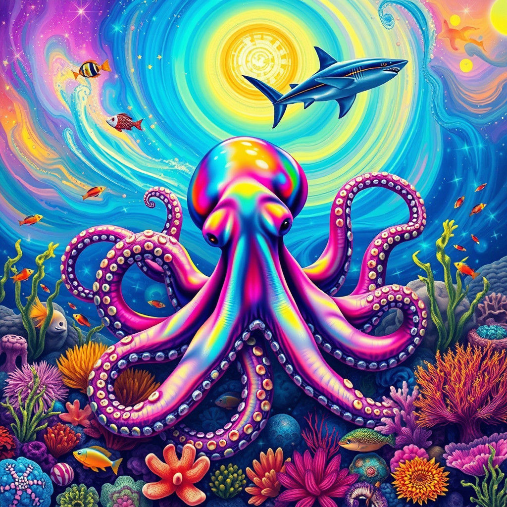 Underwater Fantasy Art: Octopus and Shark in Cosmic Sea