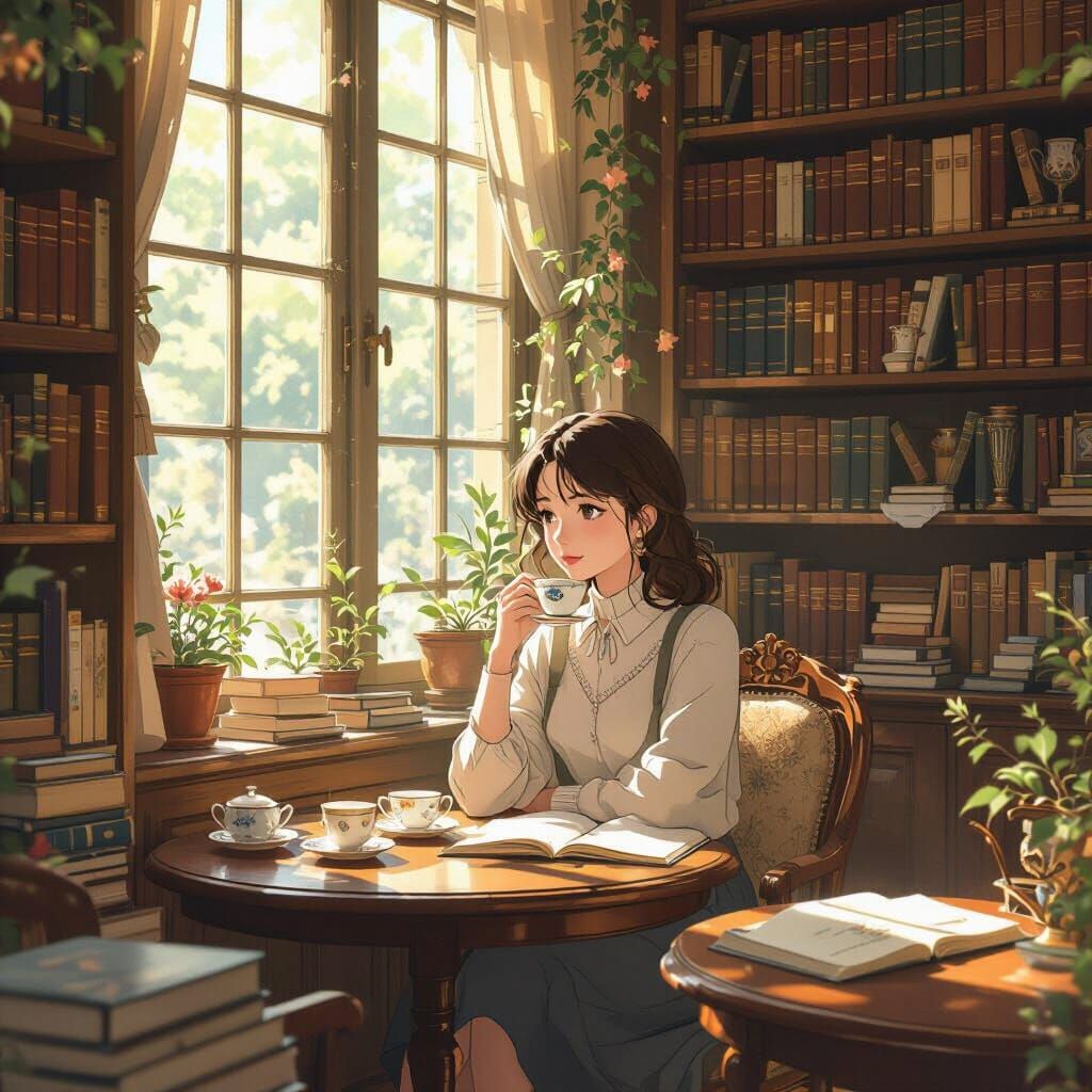 Ghibli-Inspired Library Cafe Scene with Serene Woman