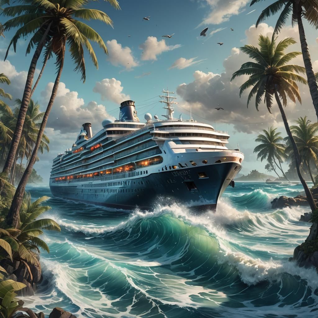 Ghostyl luminous opalescent Abandoned modern cruise ship in the middle of the ocean, big wave, eerie haunted Island, o...