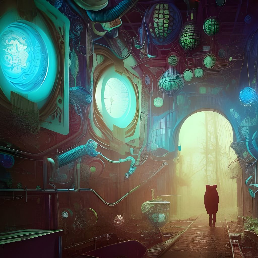 Neon Steampunk Hallway with Alien Eggs