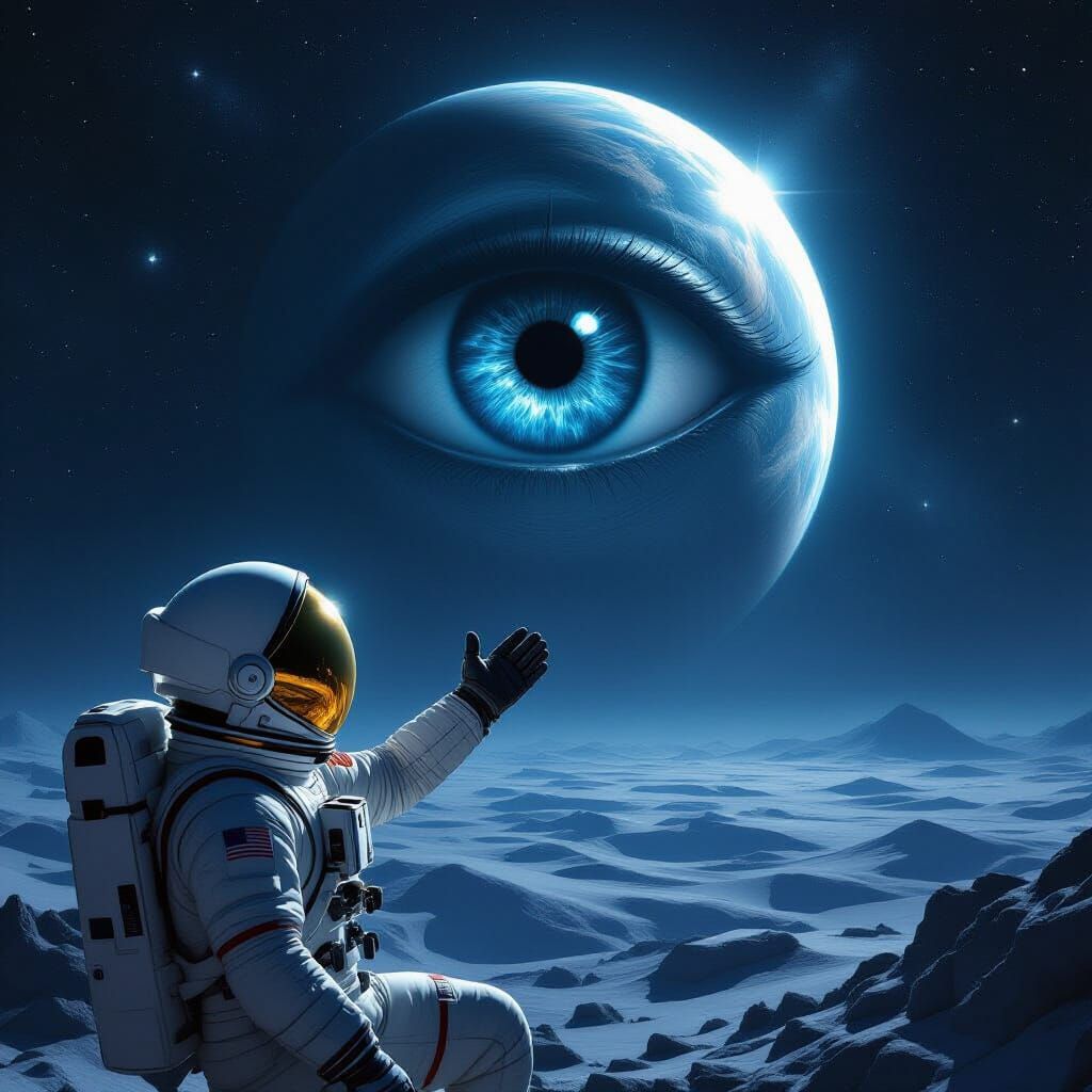 Astronaut Reaches for Cosmic Eye in Atmospheric Digital Pain...