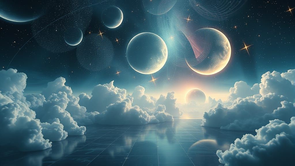 Celestial Room with Floating Moons in Surreal Style