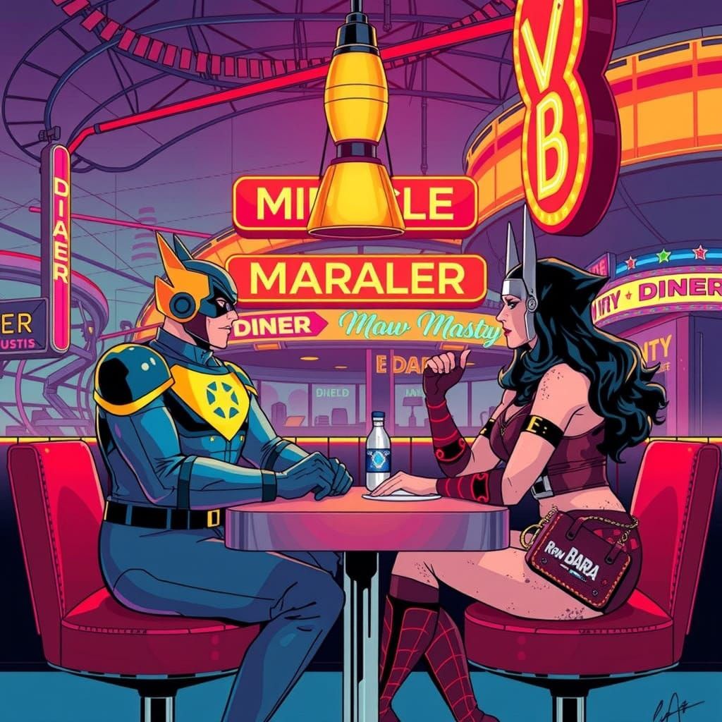 New Gods Duo at Retro-Futuristic Diner in Cosmic Comic Style