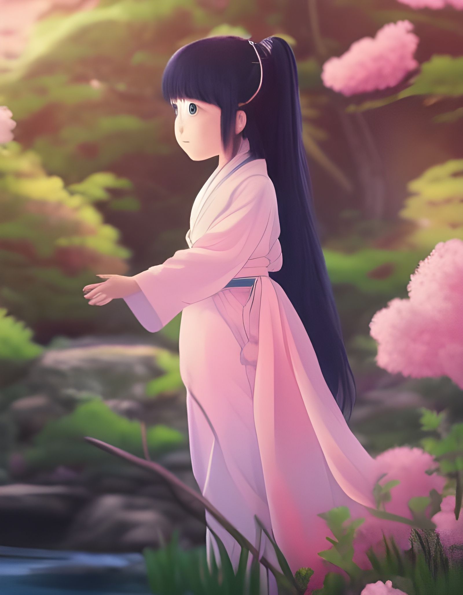 Beautiful two-year-old girl, long hair, lovely flowers and birds in a Japanese garden, clear sky, wearing a pink traditi...