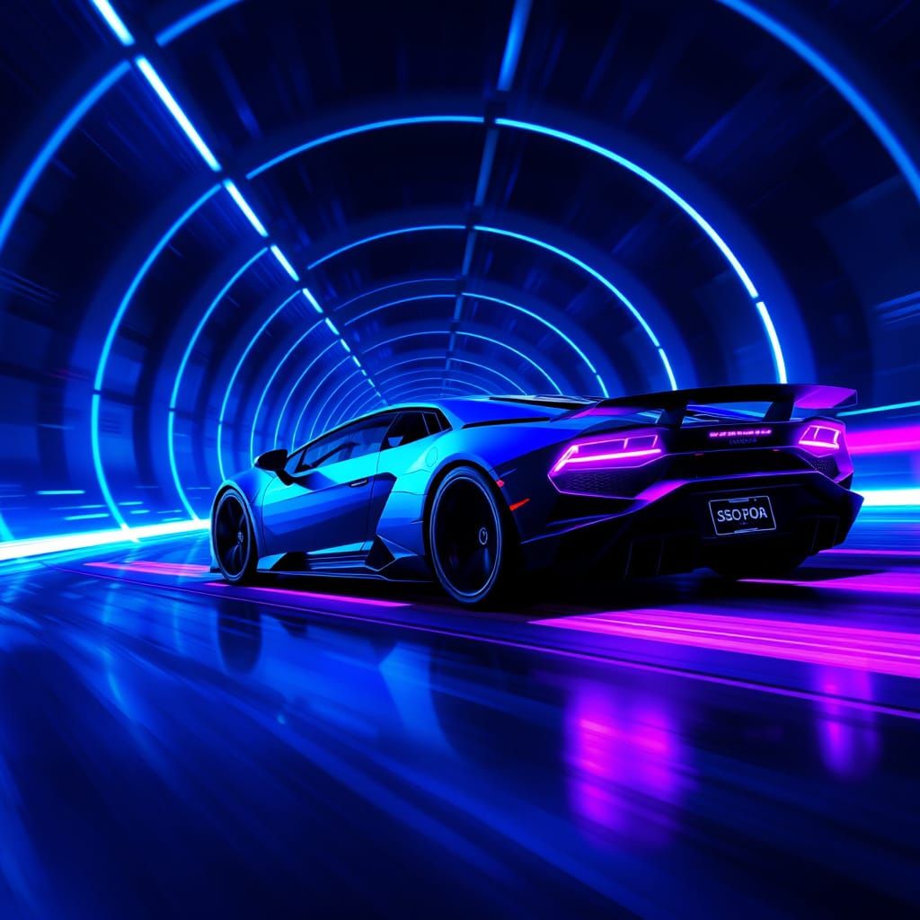 Futuristic Lamborghini Blasts Through Neon Blue Tunnel