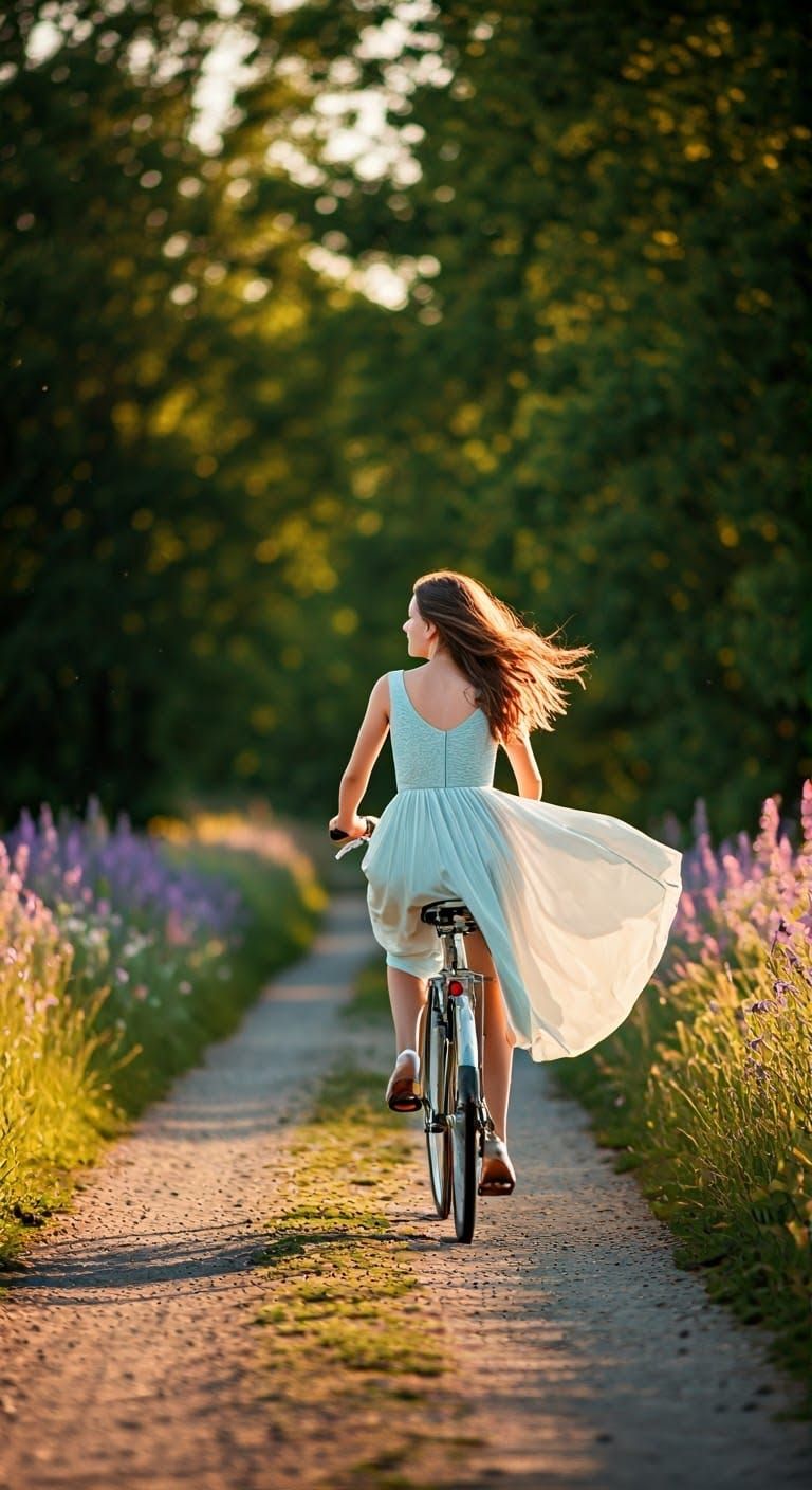 Girl on Bicycle: Watercolor Countryside Scene