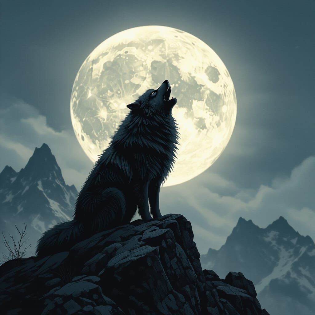 Lone Wolf Howling at Moon in Cinematic Style
