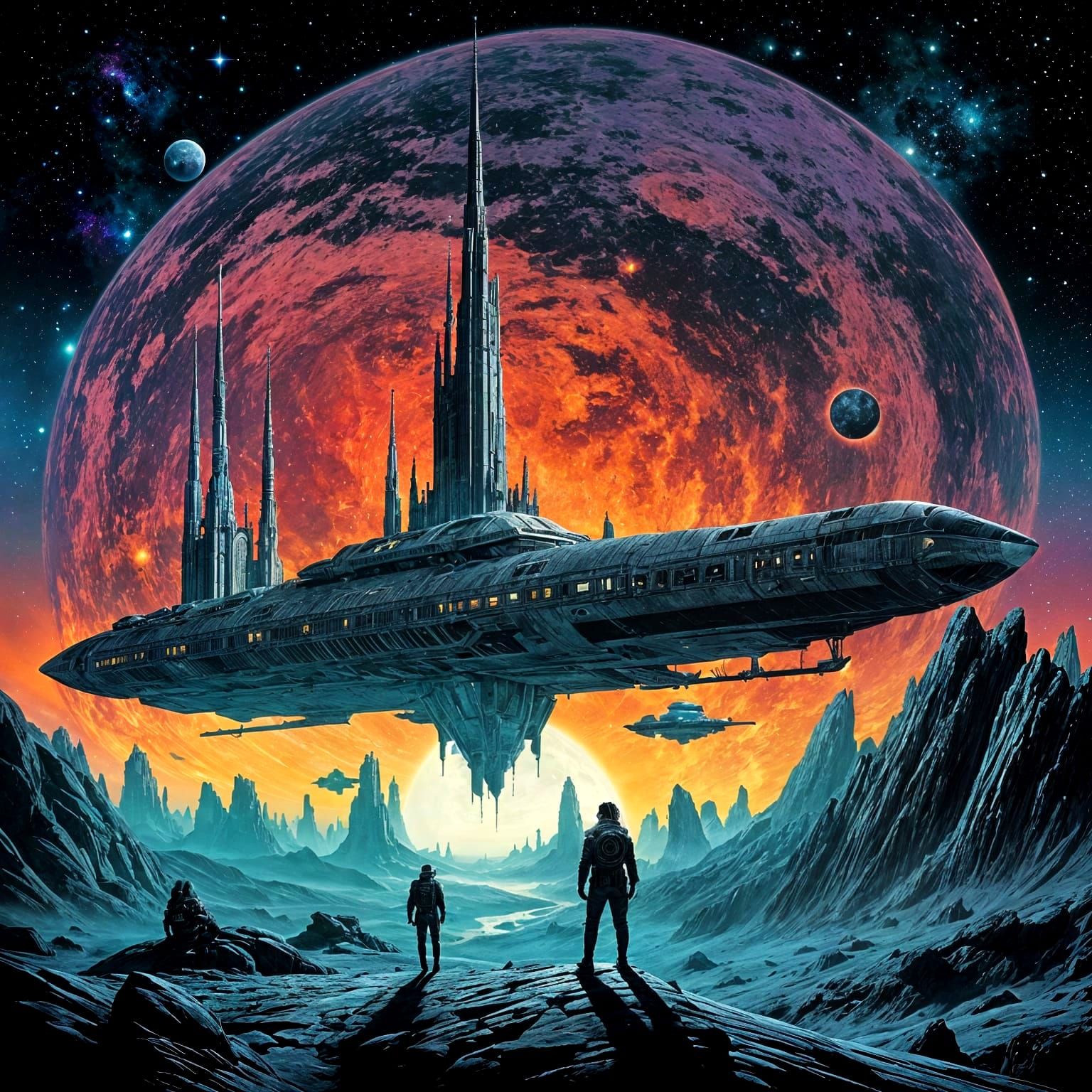 Gothic Spaceship Cathedral in 1970s Sci-Fi Art Style