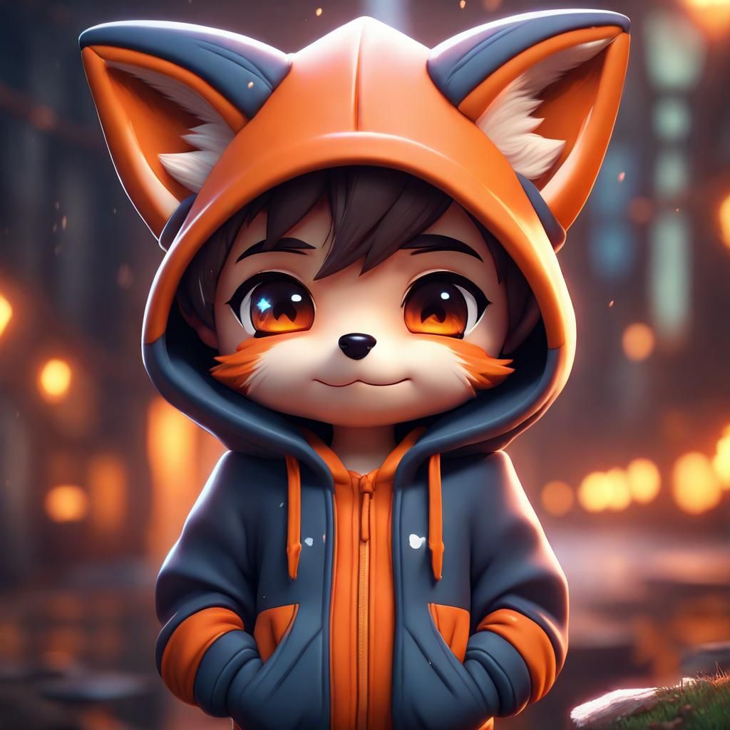 Chibi Boy in Fox Hoodie: Detailed Fantasy Art