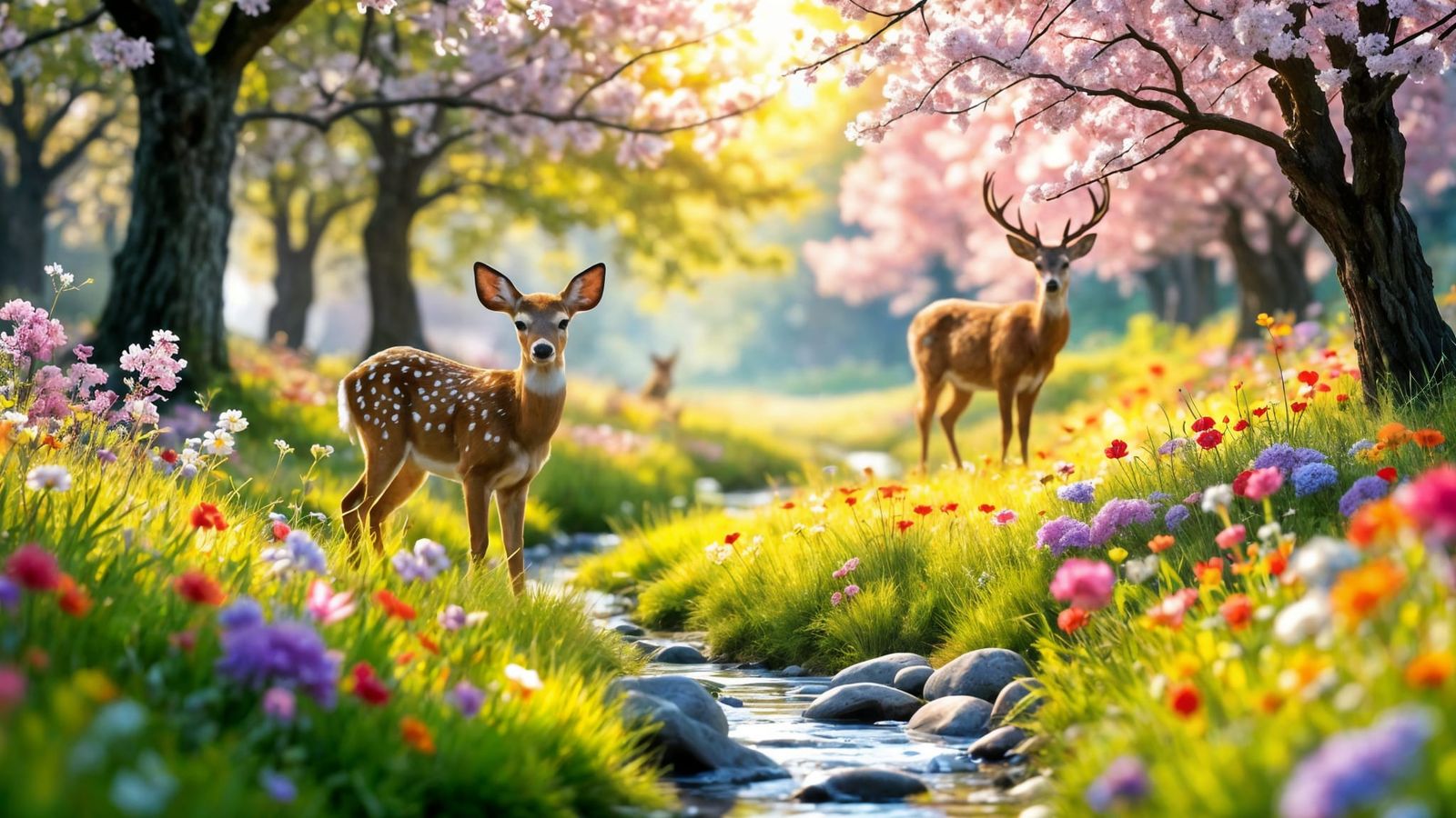 Vibrant Spring Scene with Deer and Blossoming Trees