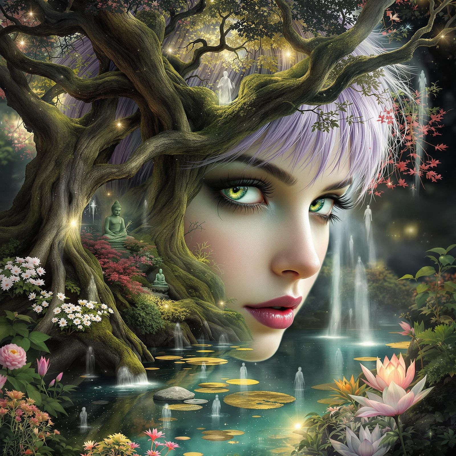 Gothic Fairy Double Exposure in Art Nouveau Style