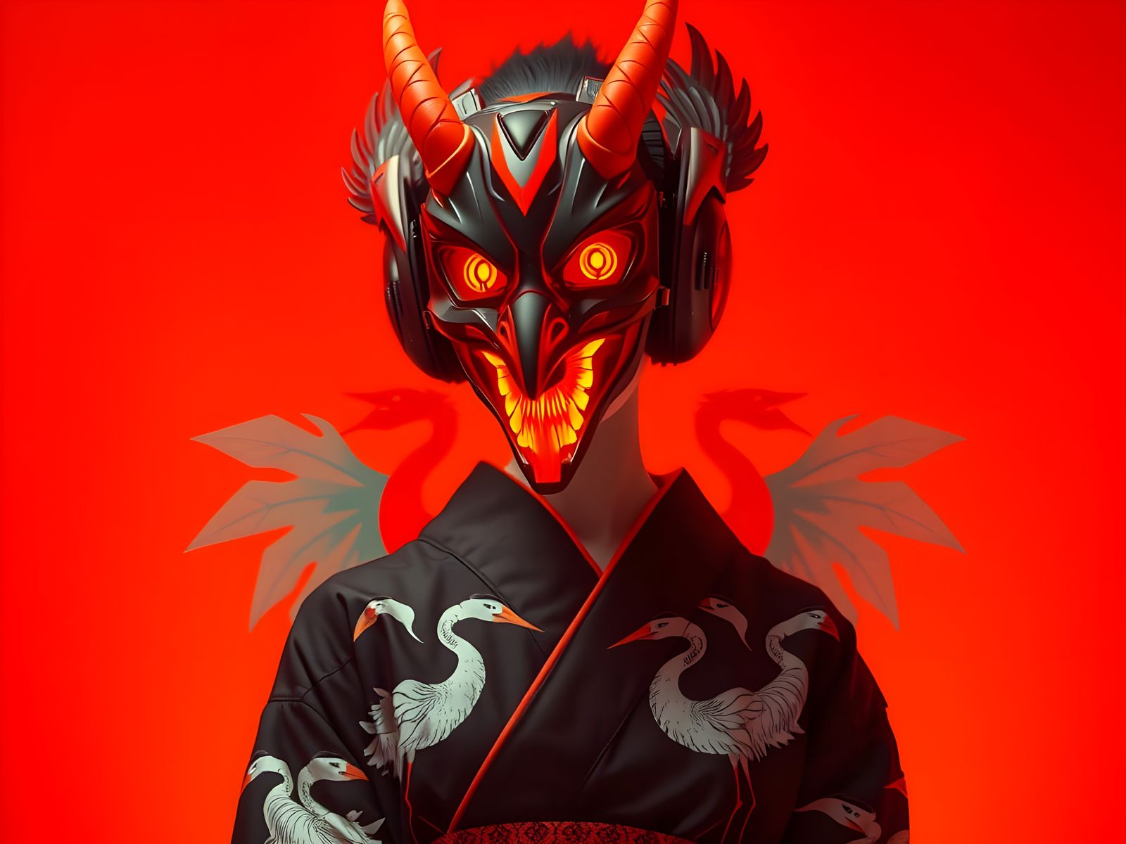 Geisha in Neon-Patterned Futuristic Fashion, Kodachrome Phot...