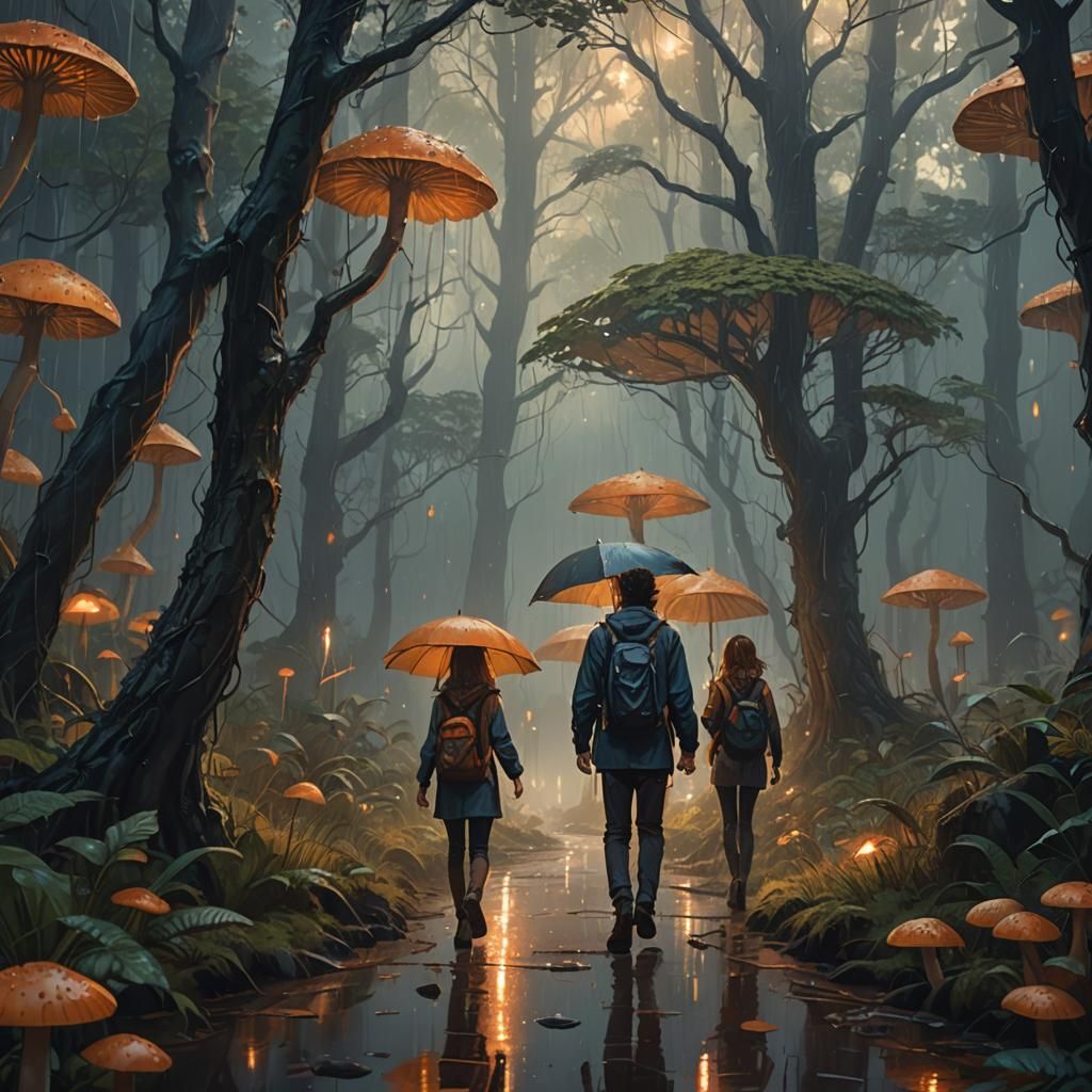 Children in Rainy Forest: Realistic Fantasy Art