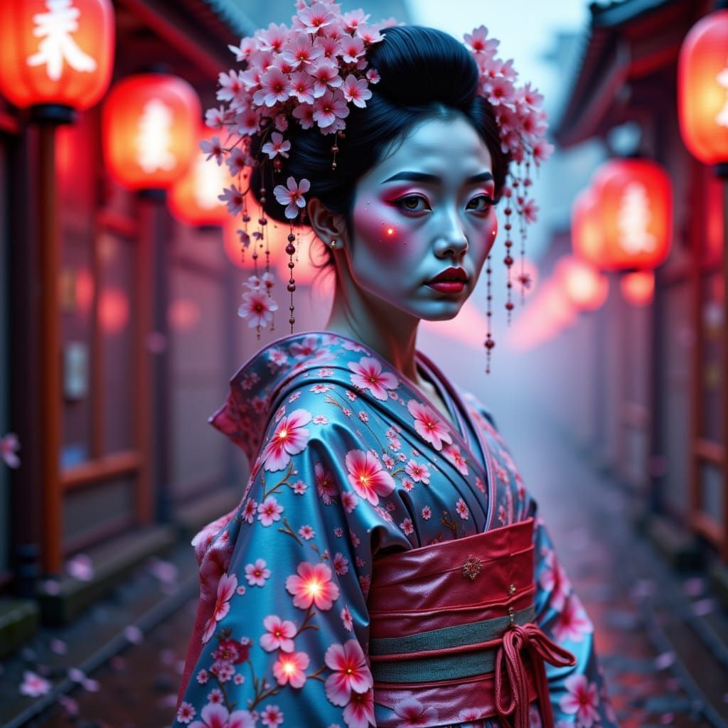 Futuristic Geisha in Neon Tokyo Alley