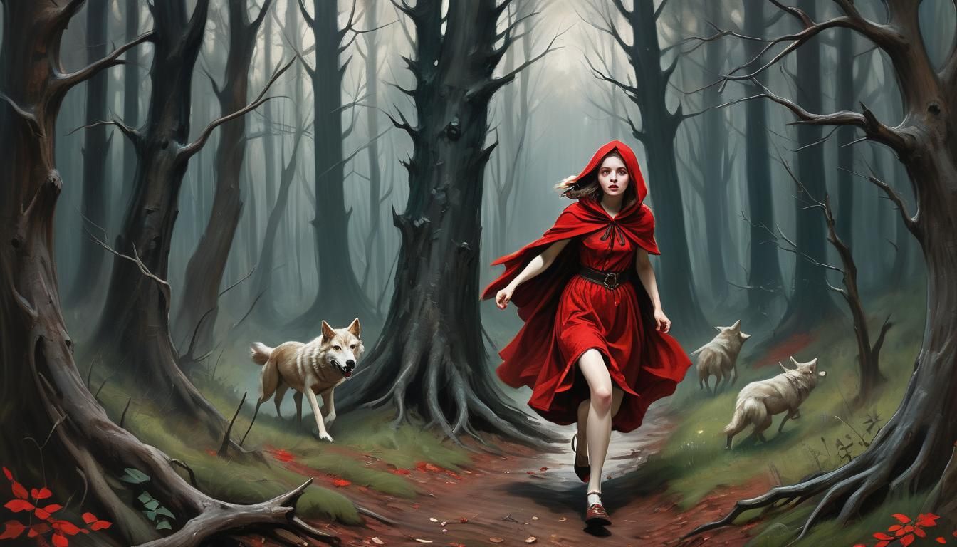 Little Red Riding Hood's Forest Escape: Oil Painting