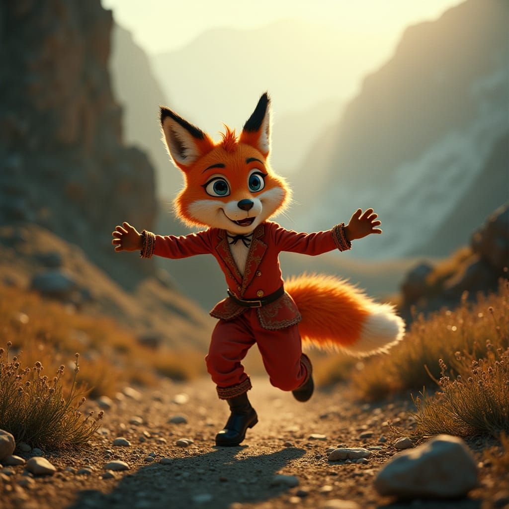 Cartoon Fox Boy Dancing Tango in Dramatic Mountain Landscape