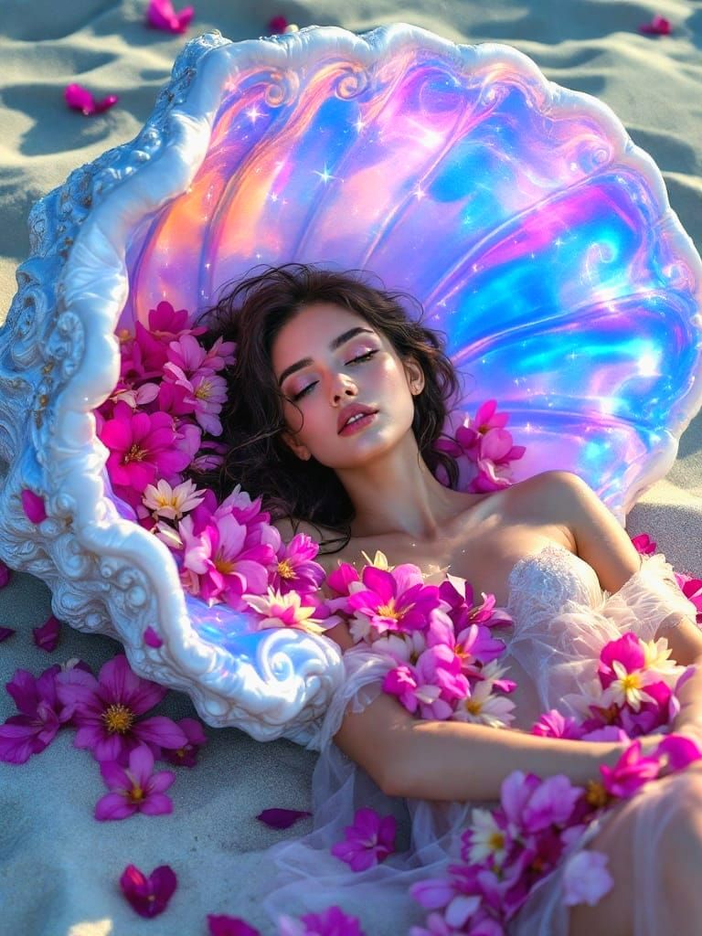 Dreamy Lady in Iridescent Shell, Bathed in Starlight