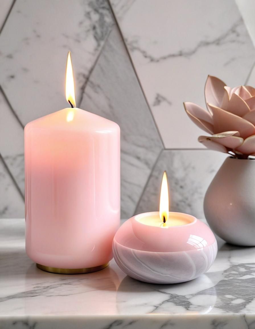 Minimalist Pink and Grey Candles on Marble Table