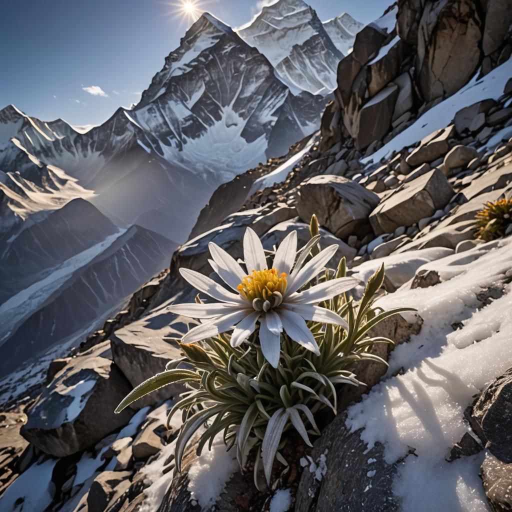 Edelweiss Blooms on Everest in Golden Light