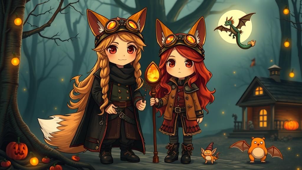 Chibi Wizards in Halloween Forest, Steampunk Style