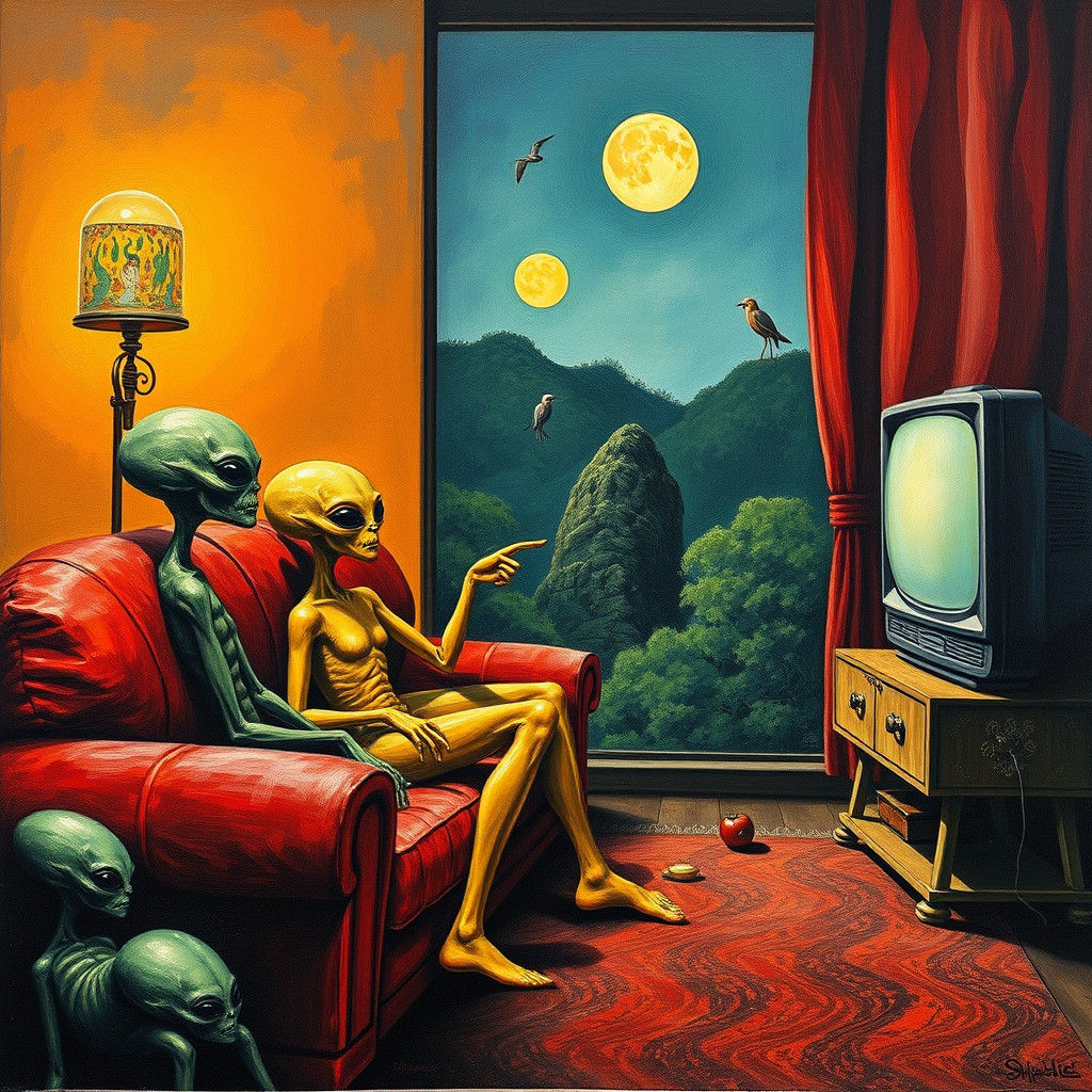 Aliens Watching TV in Surrealist Style