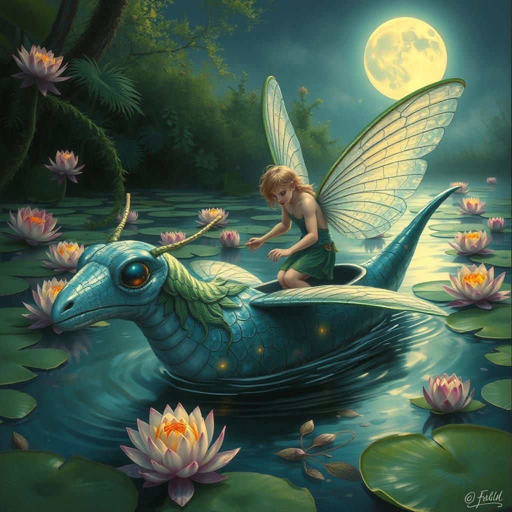 Fairy on Dragonfly Boat in Moonlit Pond