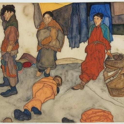 Marco Polo trade route market bazaar Egon Schiele ashcan school watercolor