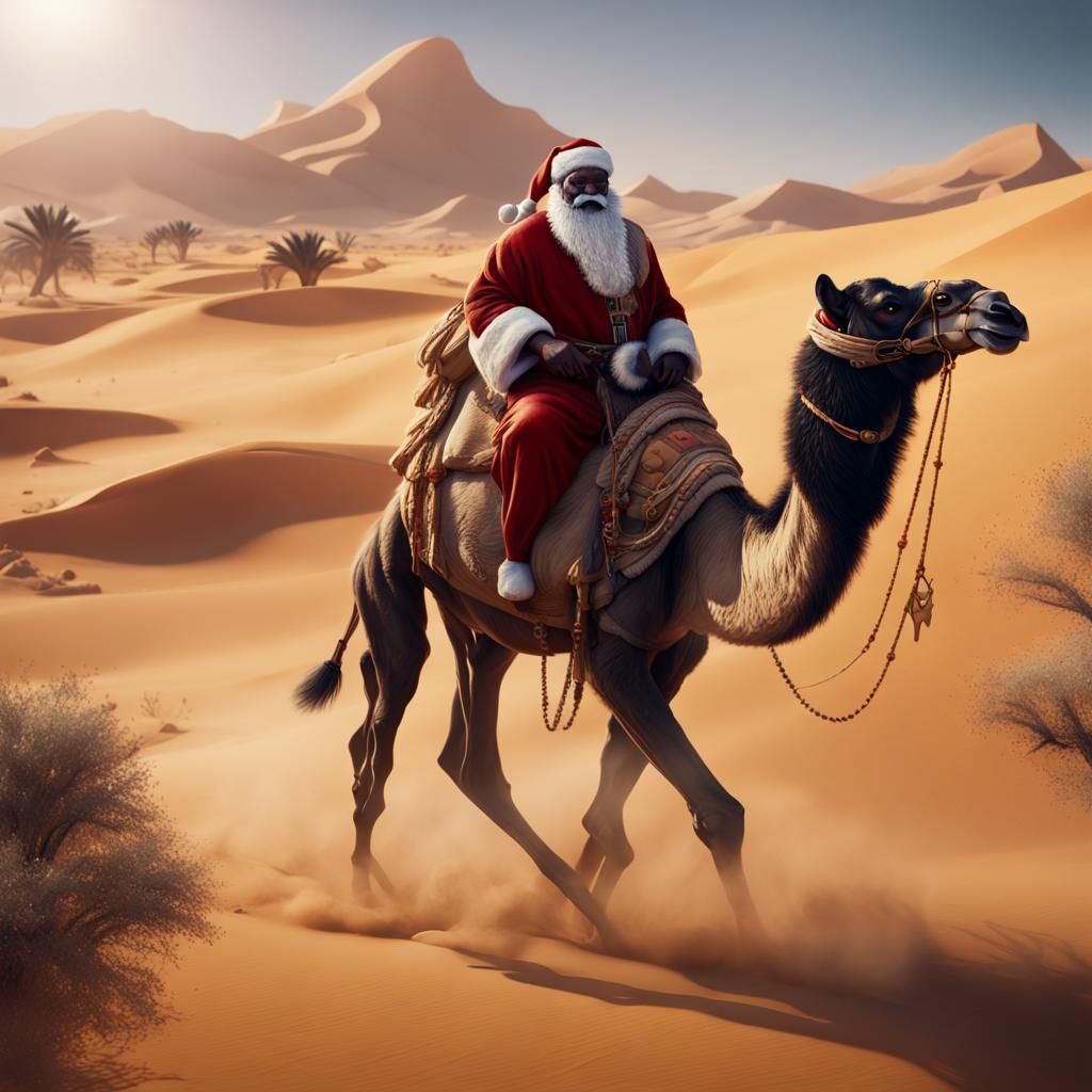 Black Santa on Camel Delivers Desert Packages