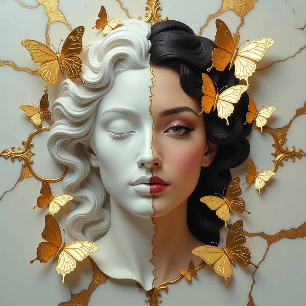 Surreal Marble Woman with Golden Butterflies