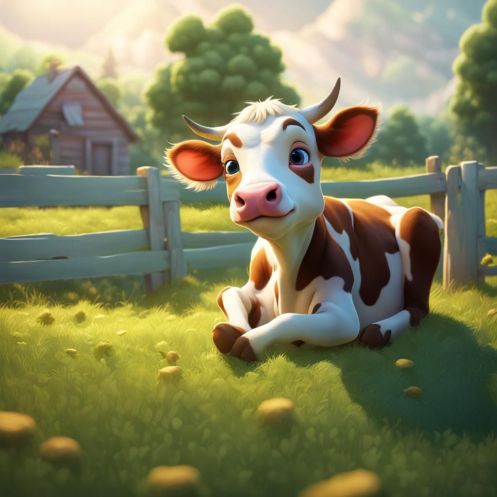Cute Baby Cow Munching Hay: 3D Digital Art
