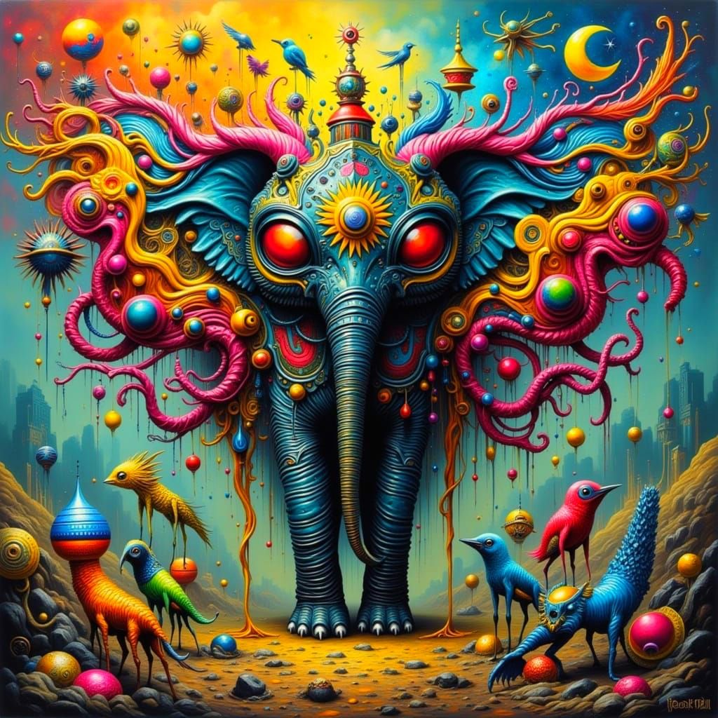 Cyberpunk Elephant Embryo in Neon-Lit Flux