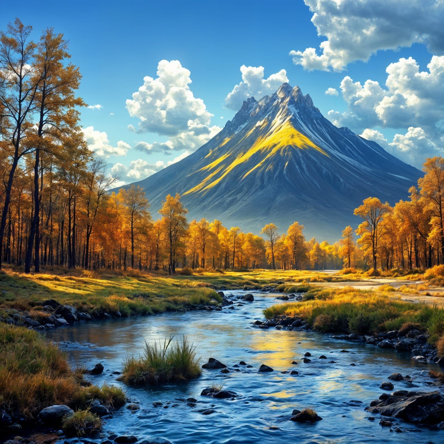 Mountain Landscape with River and Fire
