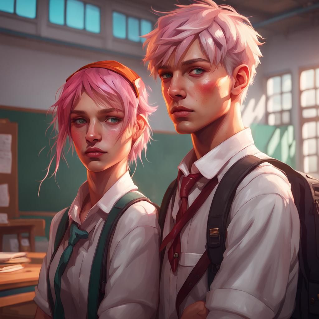 Anime Teenagers in School Uniforms with Dynamic Lighting