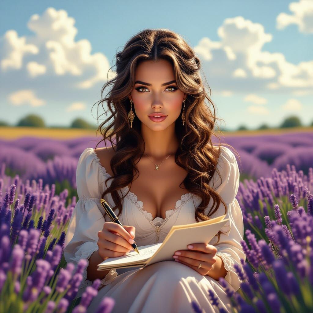 Woman Writing Letter in Lavender Field, Photorealistic Style