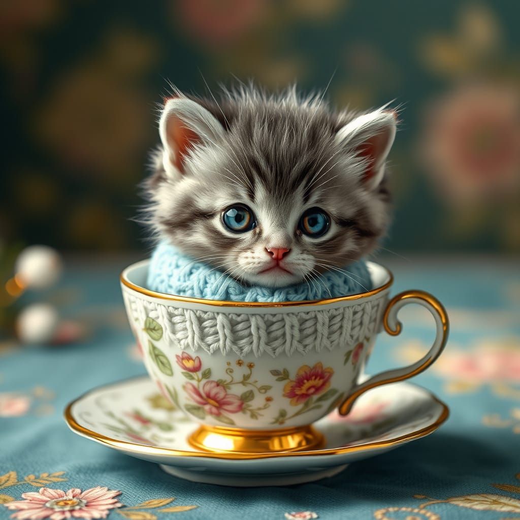 Enchanted Kitten in Antique Teacup, in Whimsical Fantasy Sty...