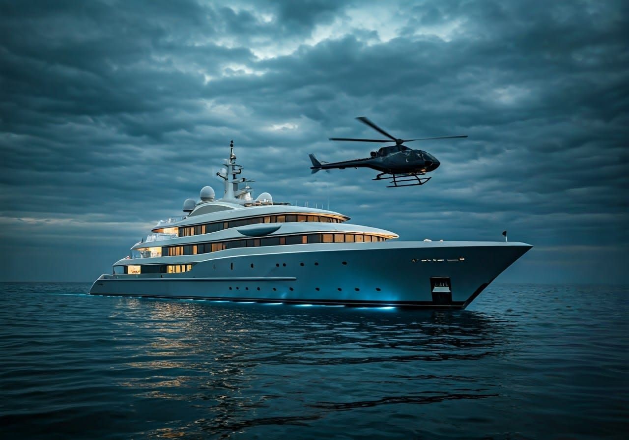 Luxurious Yacht Under Dramatic Twilight Skies