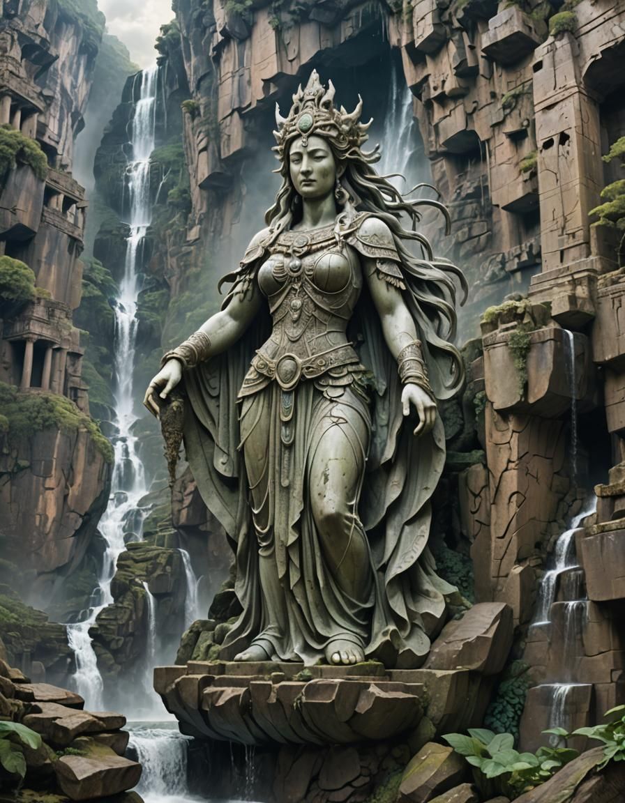 Goddess Statue Carved into Mountainside Ruins