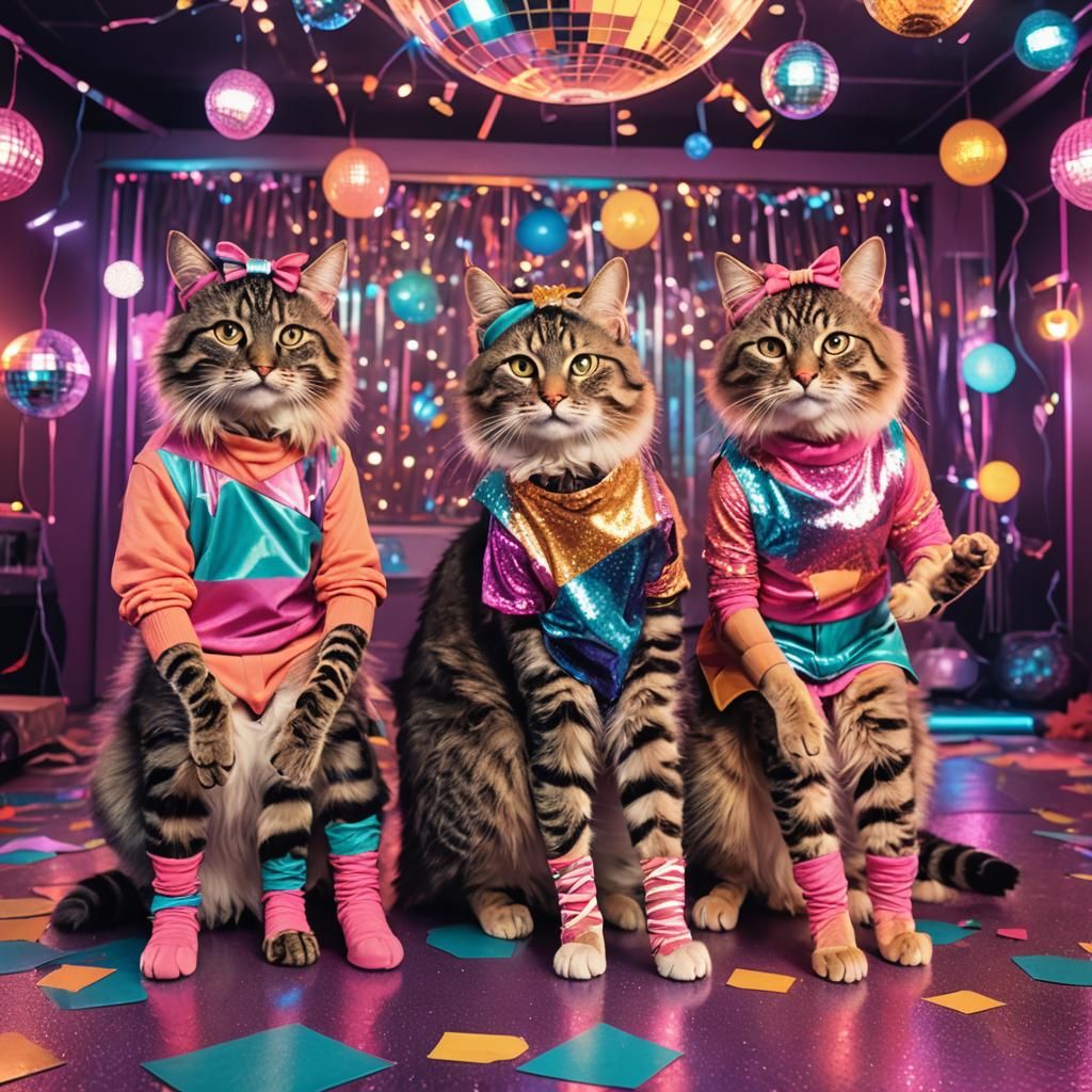 Cats in 80s Neon Outfits at Disco Party